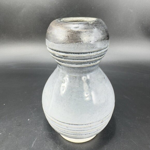 Primitive Style Art Pottery Bud Vase Round Bottom Gray Black Lines Glaze Vase - Picture 11 of 11